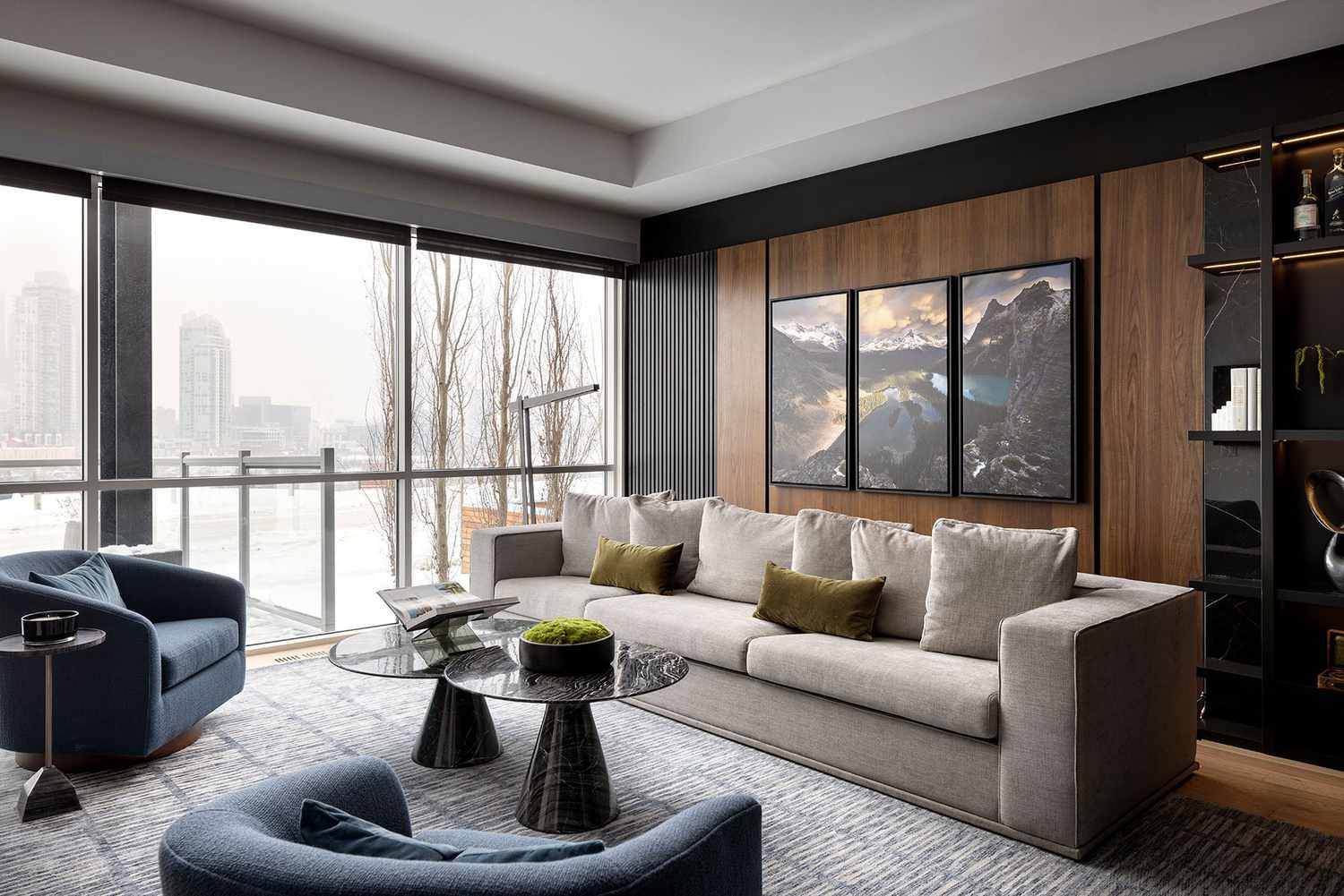Industrial living room with wallpaper installation